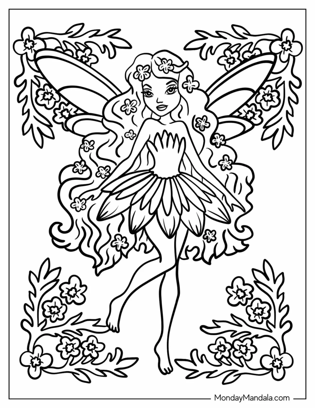 Pretty Little Fairy Coloring Page With Petal Skirt And Small Wings coloring page