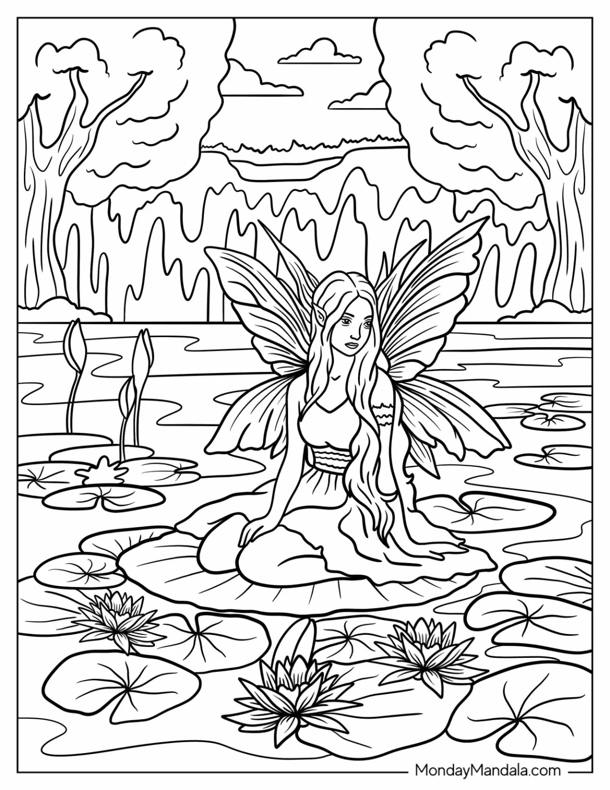 Realistic Fairy Coloring Page Sitting On A Lily Pod coloring page