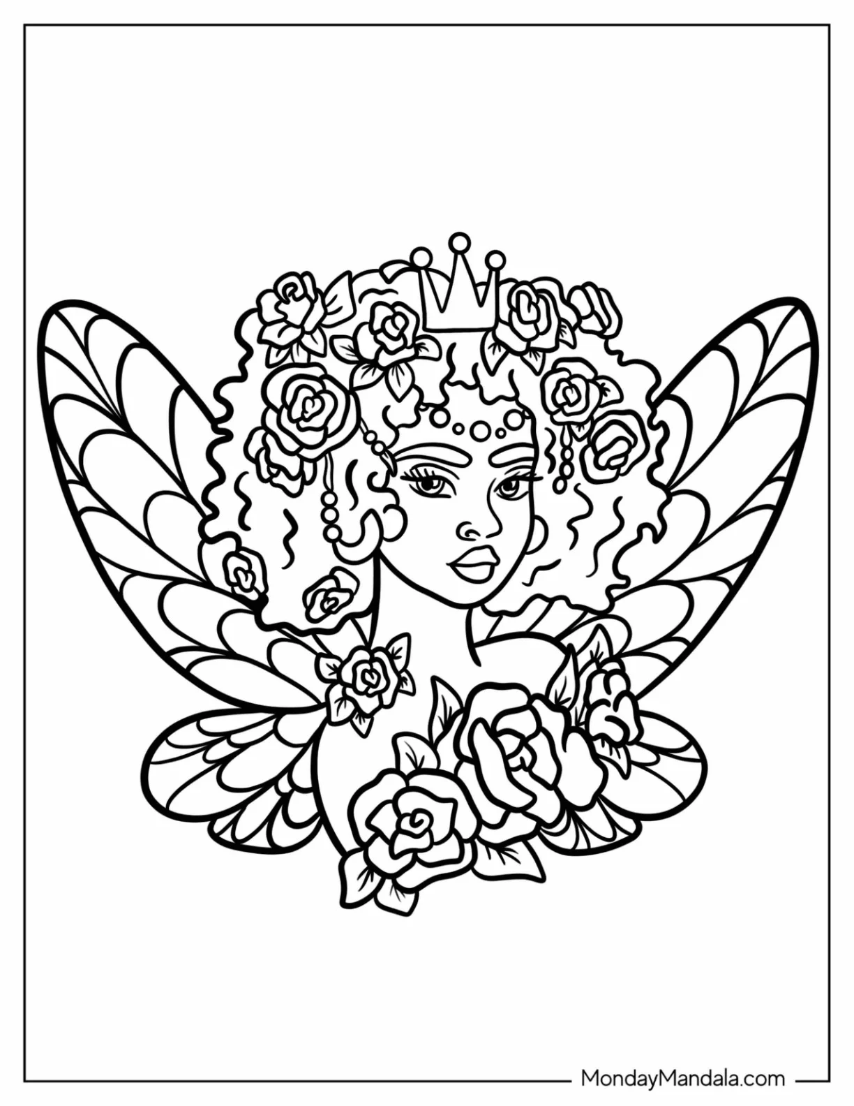 Royal Black Fairy Coloring Page Wearing Crown And Roses coloring page — printable line art