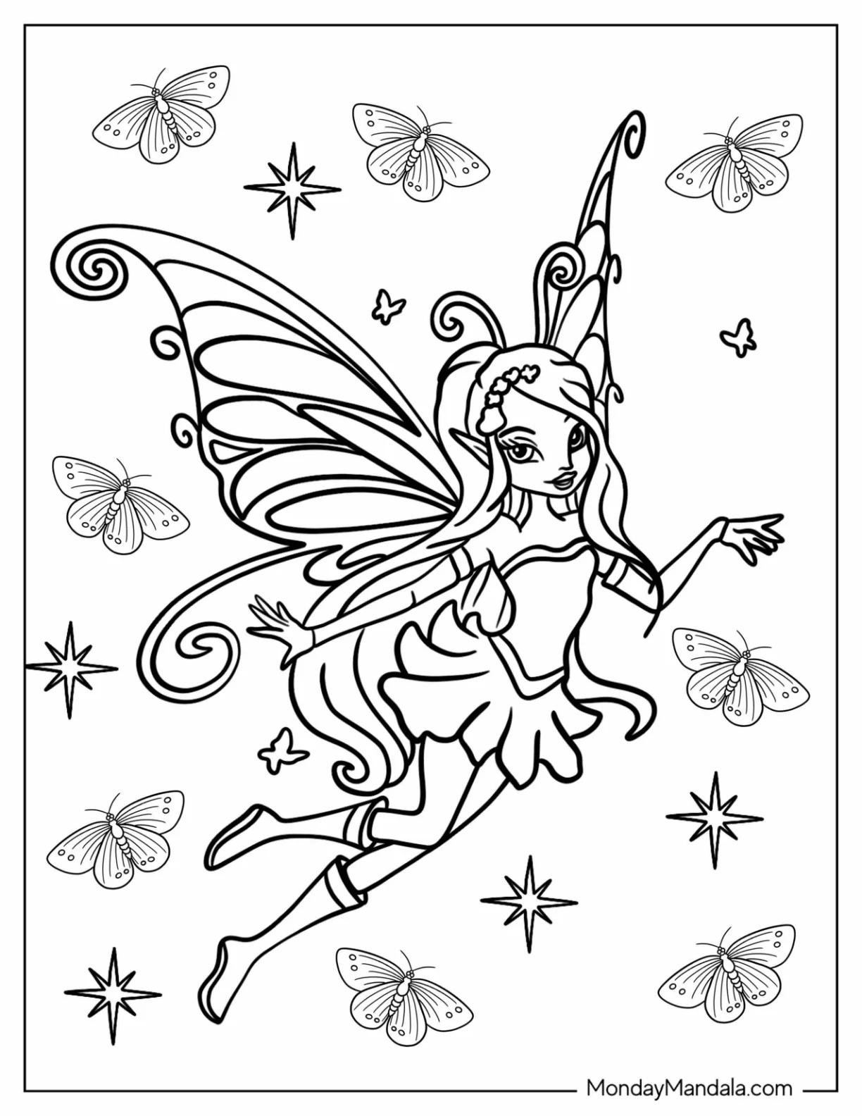 Sassy Fairy Coloring Page Flying In The Air coloring page — printable line art
