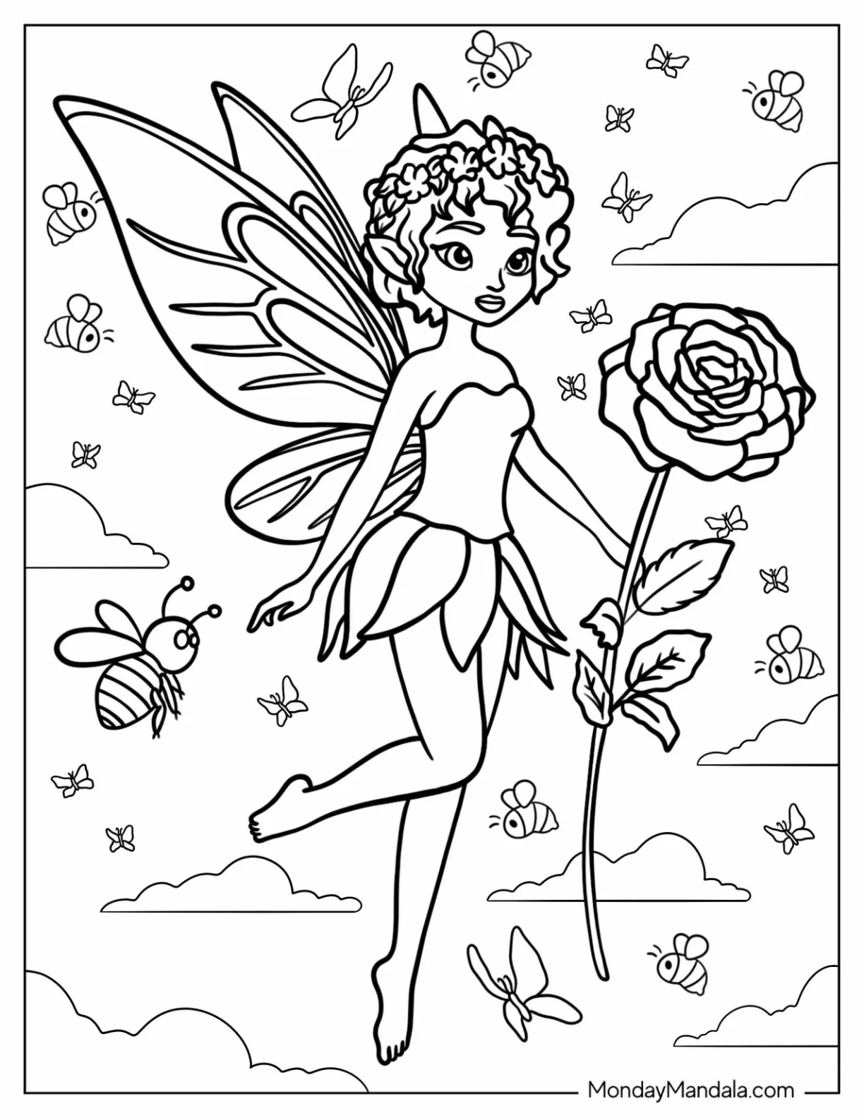 Tiny Fairy Coloring Page Holding A Rose coloring page — printable line art