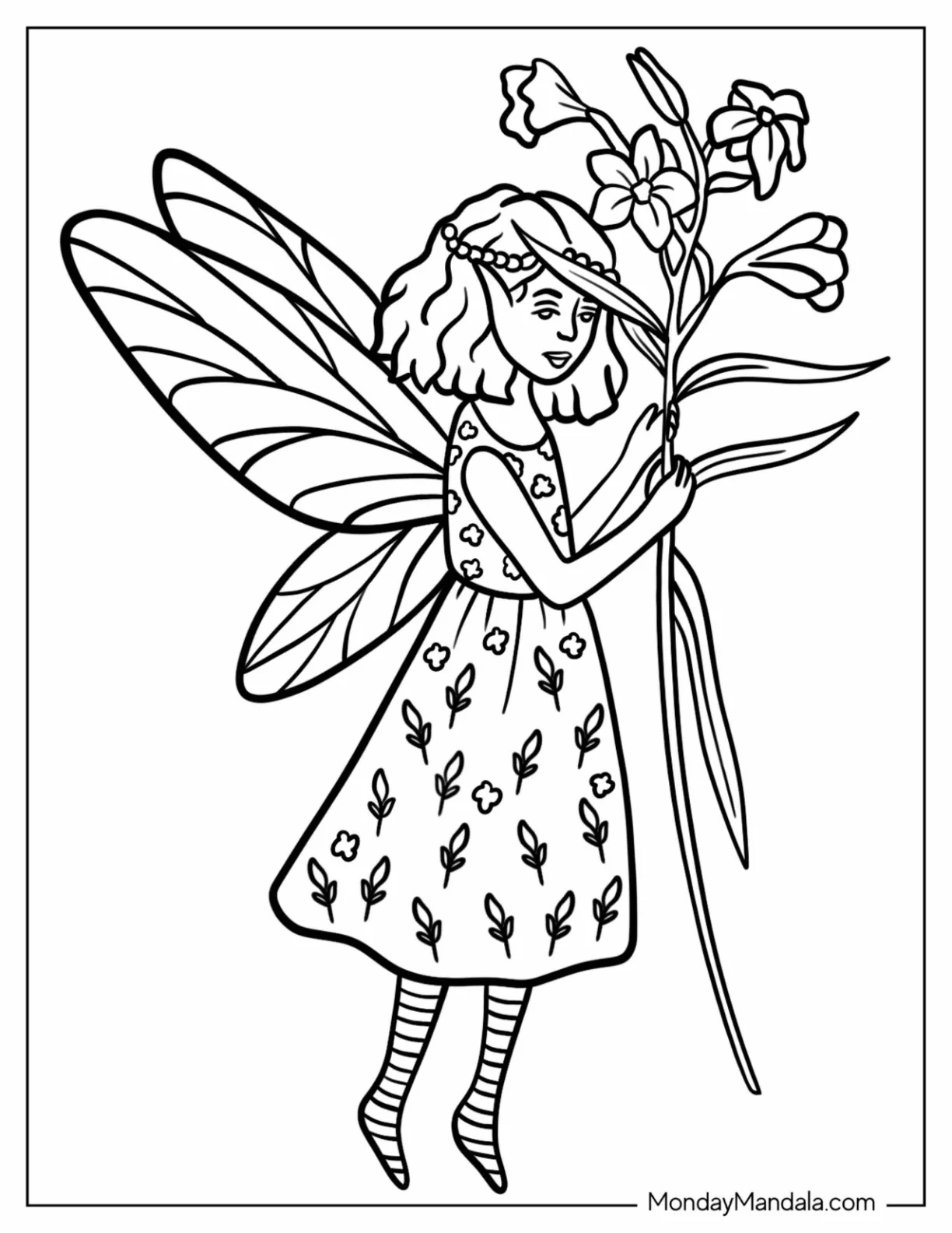 Young Fairy Coloring Page In Dress Holding Flowers coloring page — printable line art