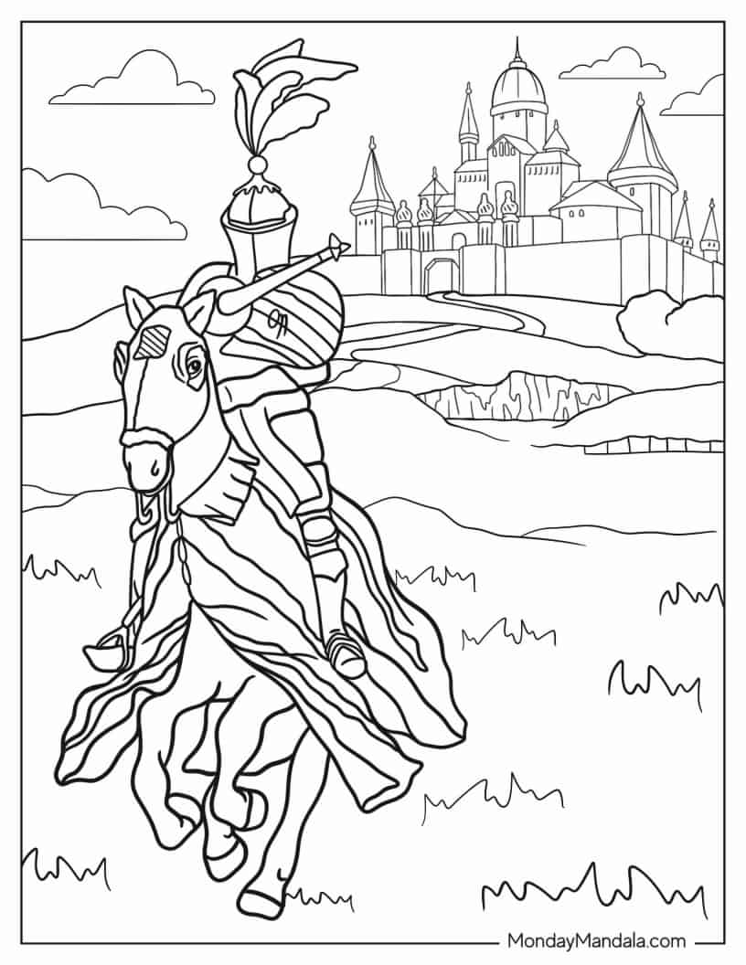 Coloring Sheet Of Knight With Lance On A Horse coloring page — printable line art