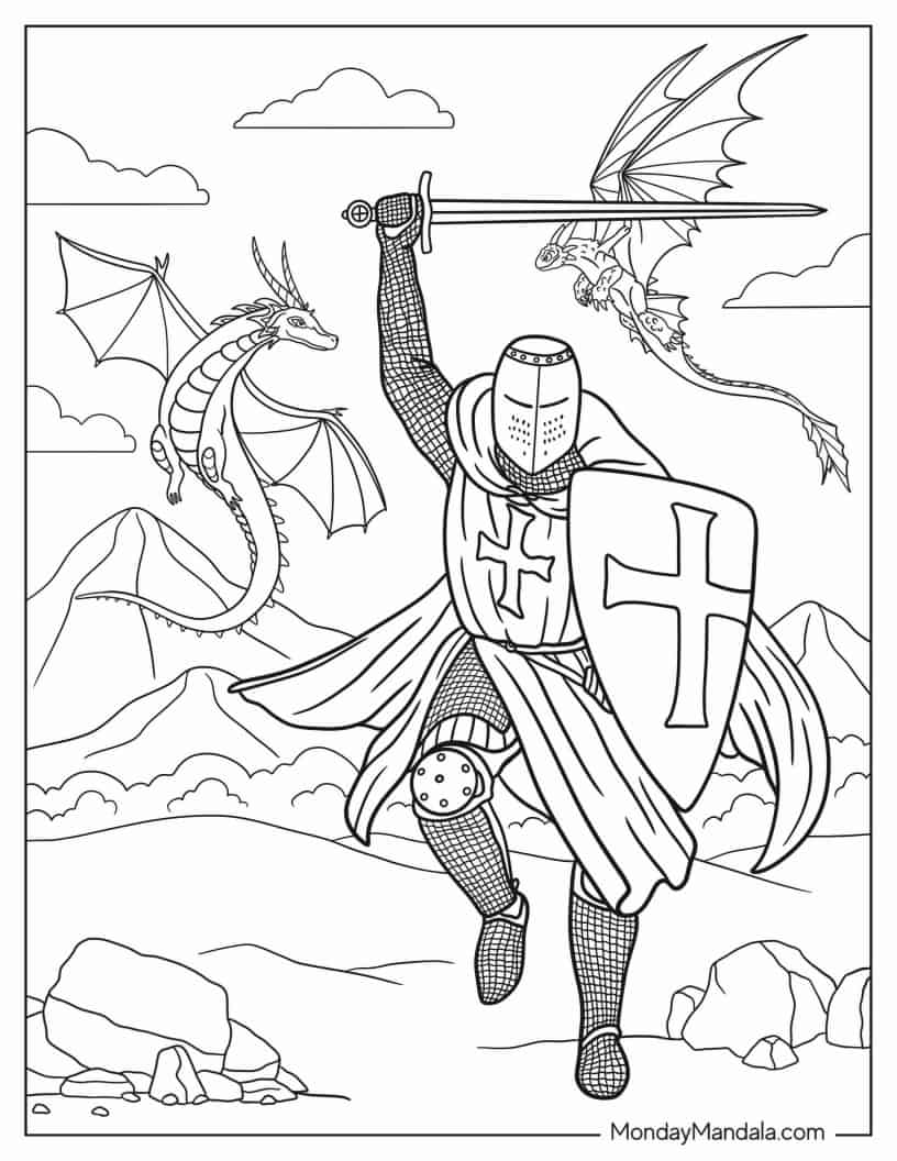Crusader Knight Fighting Coloring In coloring page