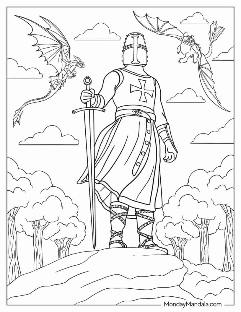 Crusader Knight With Dragons In Background coloring page