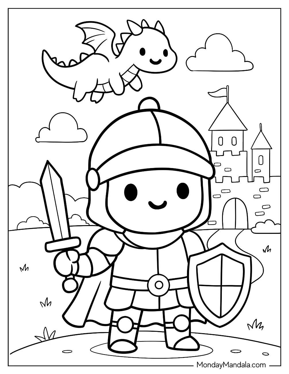 Cute Cartoon Knight Coloring Page With Sword And Shield In Front Of Dragon and Castle For Preschoolers coloring page