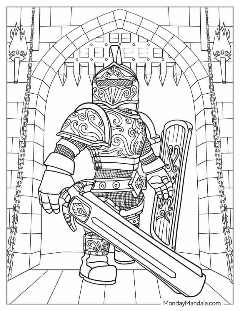 Detailed Knight Entering Castle coloring page — printable line art