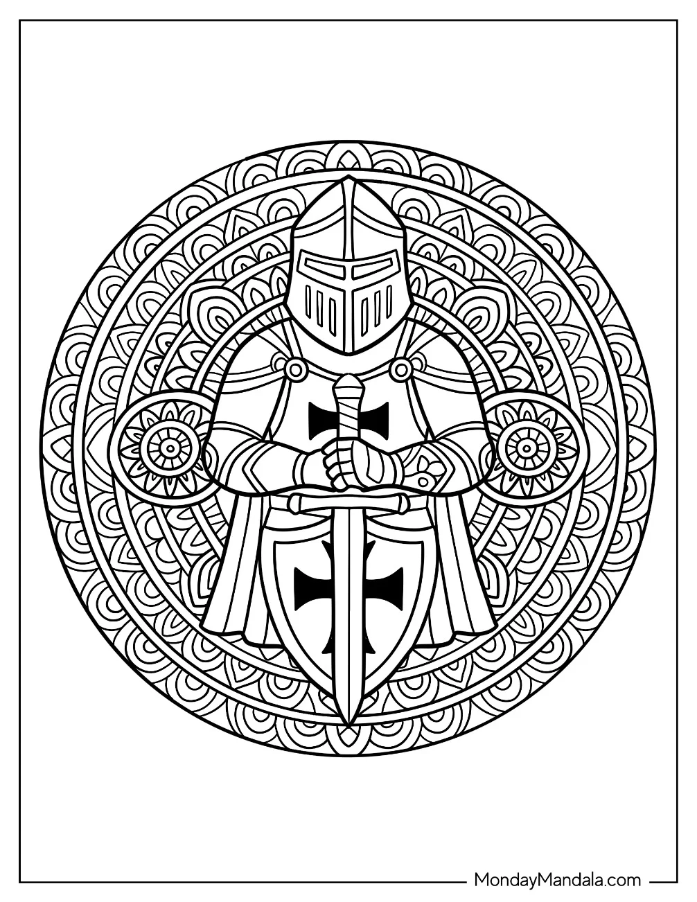 Detailed Warrior Knight Coloring Page In Armor Surrounded By Ornamental Mandala For Adults coloring page
