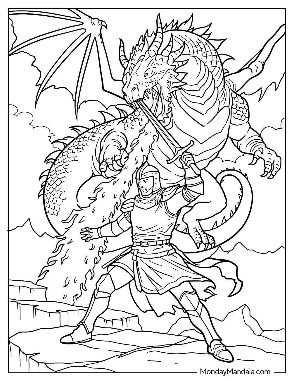 Epic Battle Between Armored Knight Coloring Page And Fierce Dragon coloring page