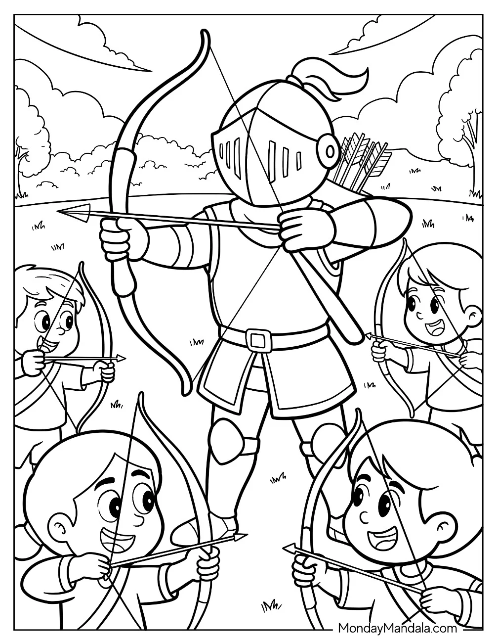 Fantasy Knight Coloring Page And Young Archers Practicing Together Outdoors coloring page — printable line art