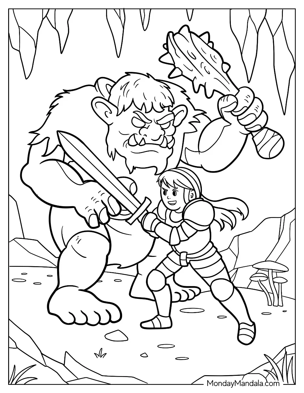 Fearless Female Knight Coloring Page Battling Ogre In Cave coloring page — printable line art