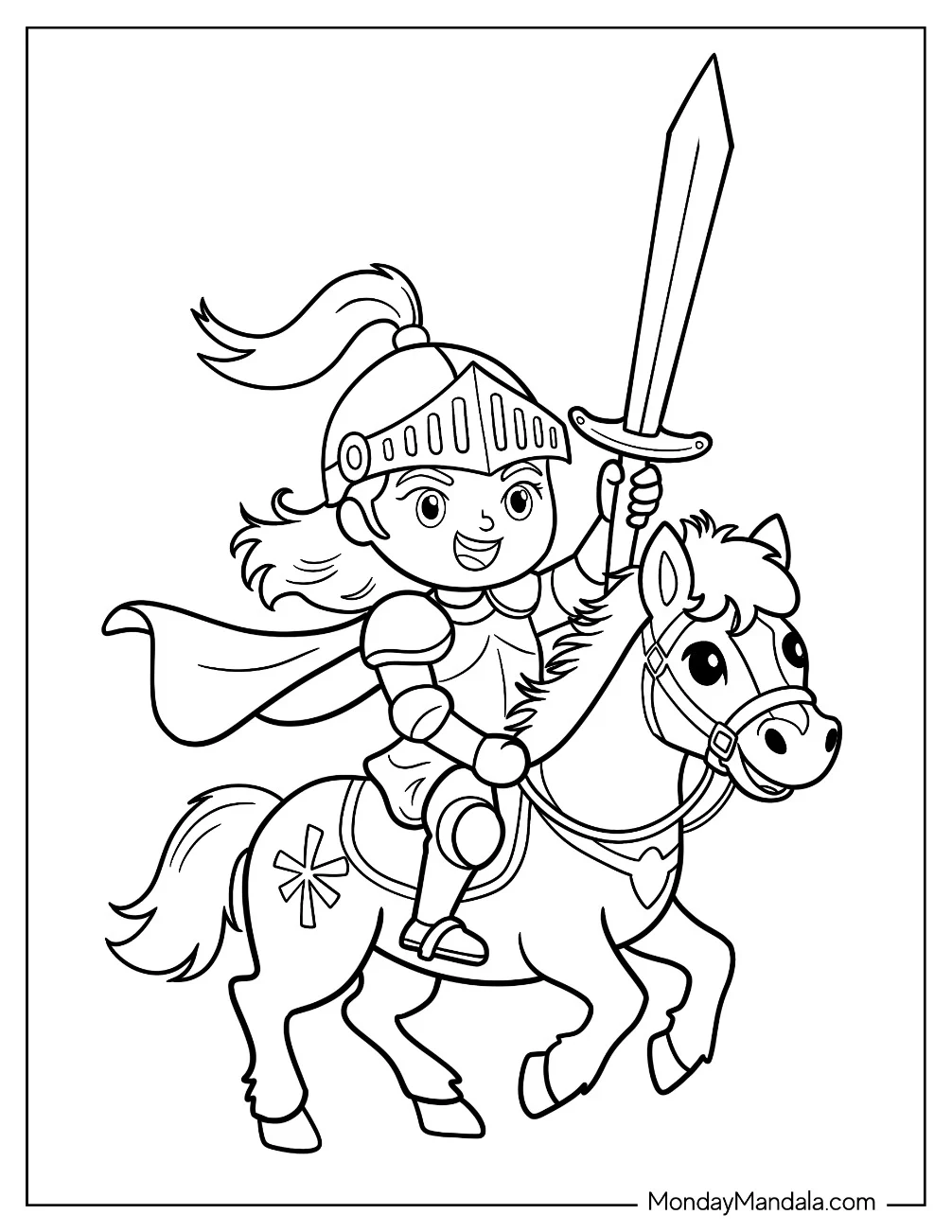 Girl Knight Coloring Page of Riding Horse With Raised Sword for Kids coloring page