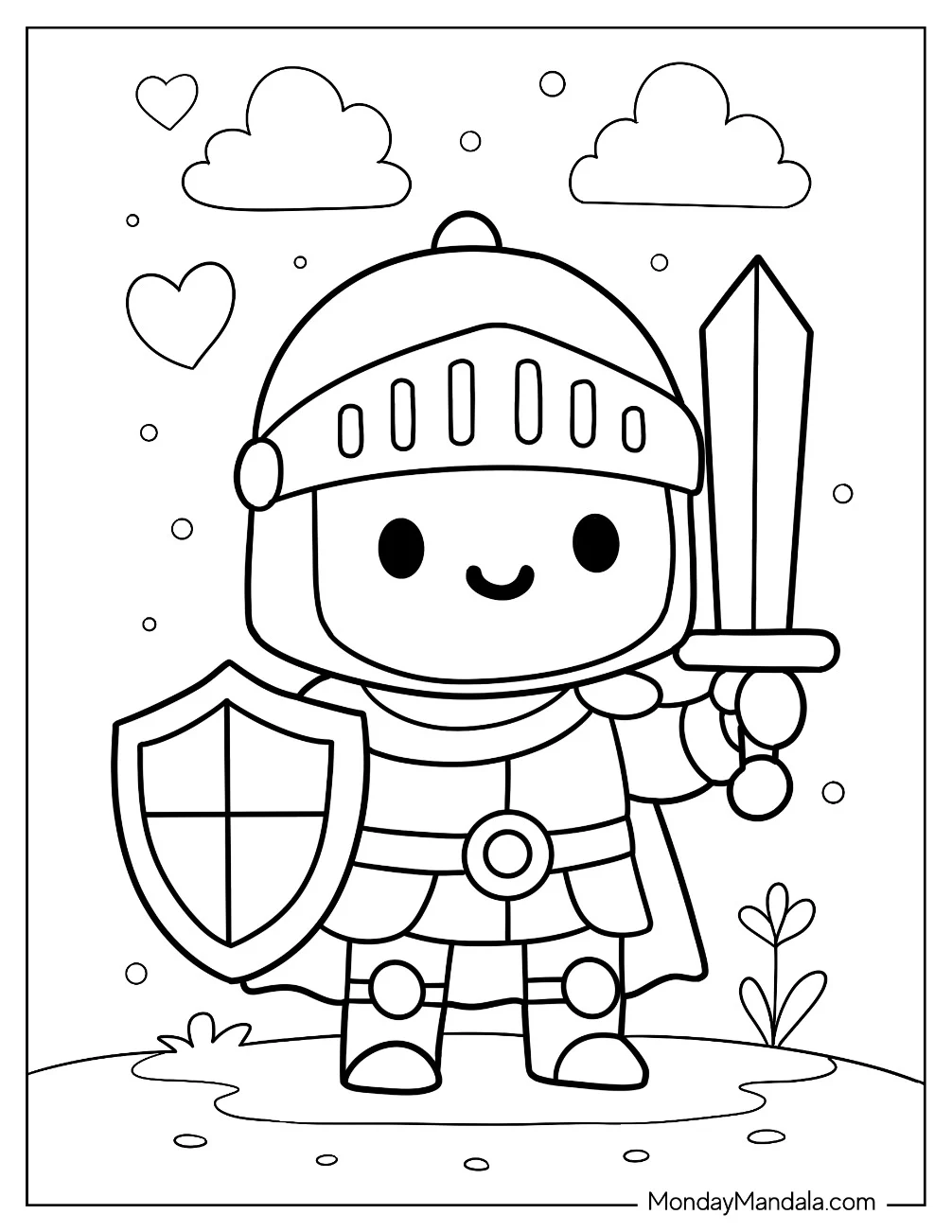 Happy Little Knight Coloring Page In Armor With Hearts And Clouds For Preschoolers coloring page