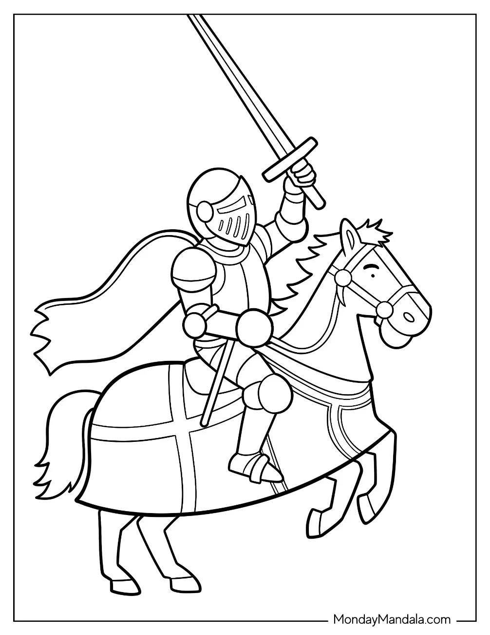 Heroic Armored Knight Coloring Page Riding Horse With Cape And Sword For Preschoolers coloring page