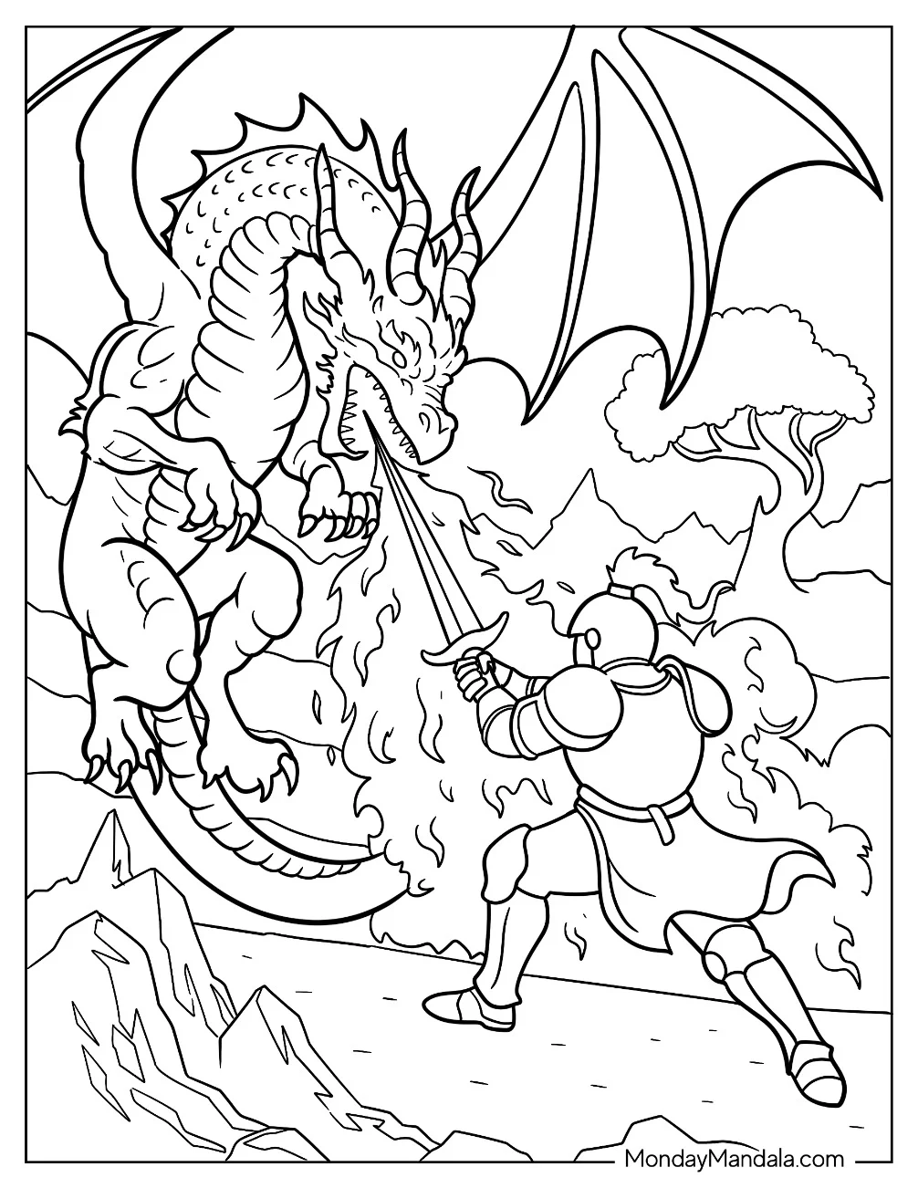 Knight Coloring Page Battling Fire Breathing Dragon coloring page