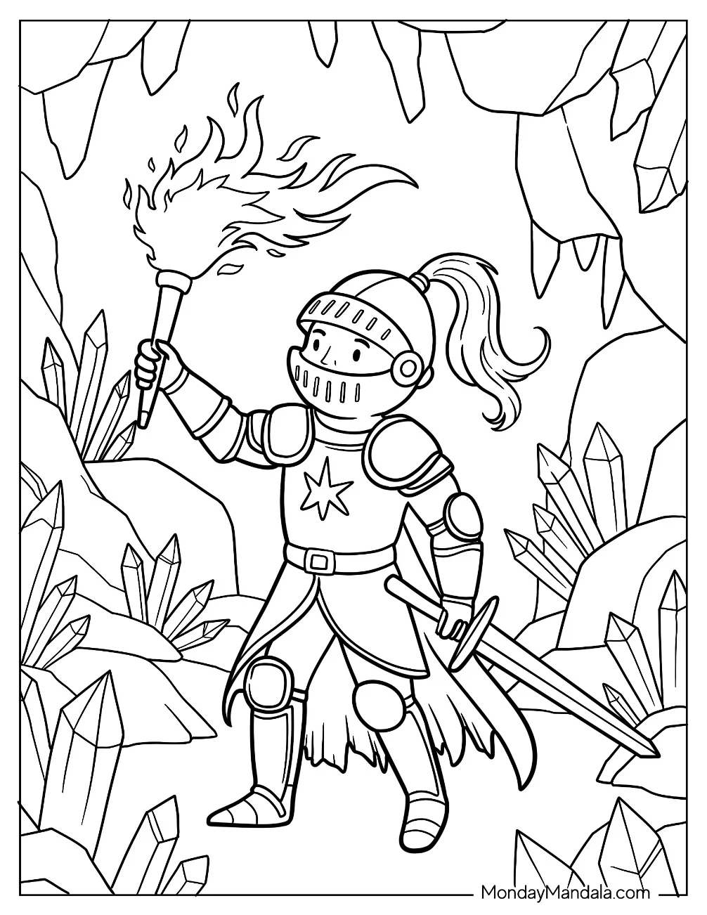 Knight Coloring Page Exploring Crystal Cave With Torch And Sword coloring page
