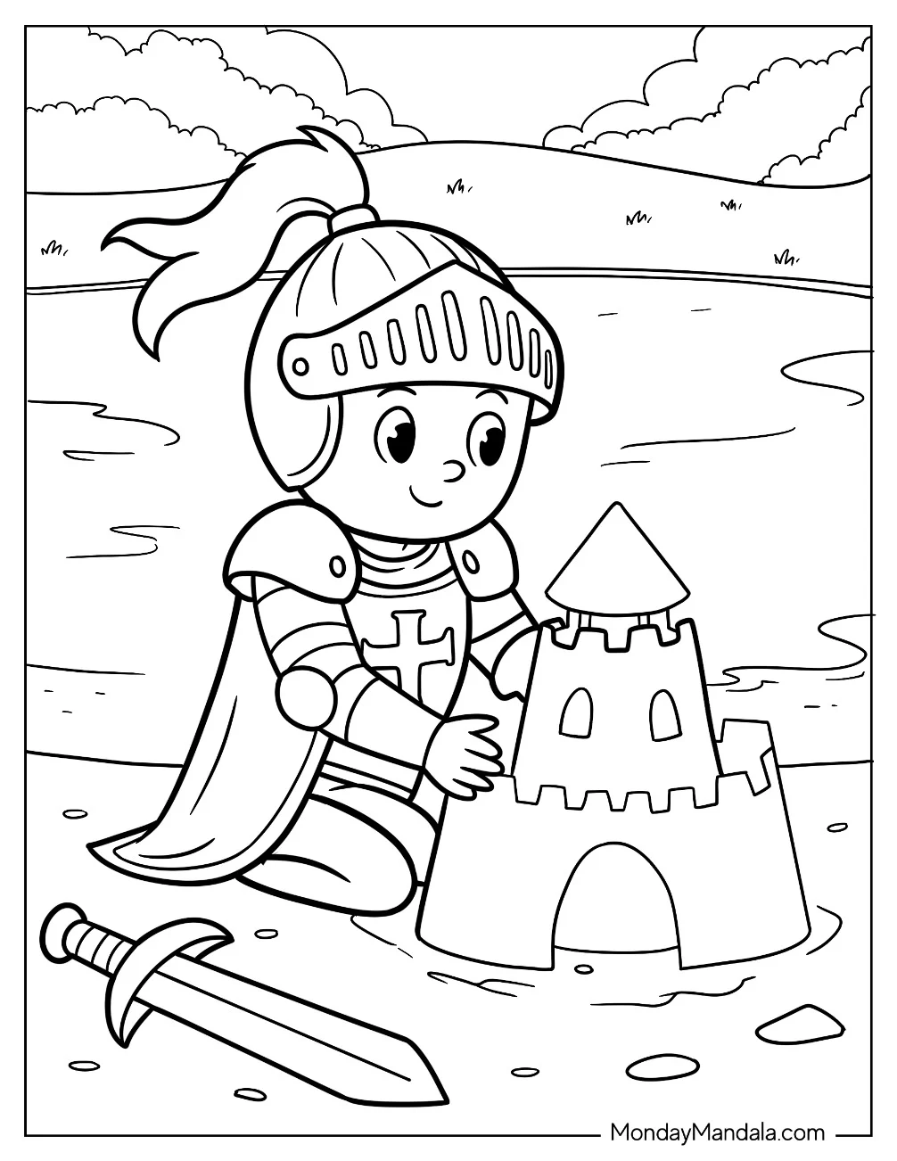 Knight Coloring Page of Building Sandcastle On Beach With Sword Nearby for Preschoolers coloring page