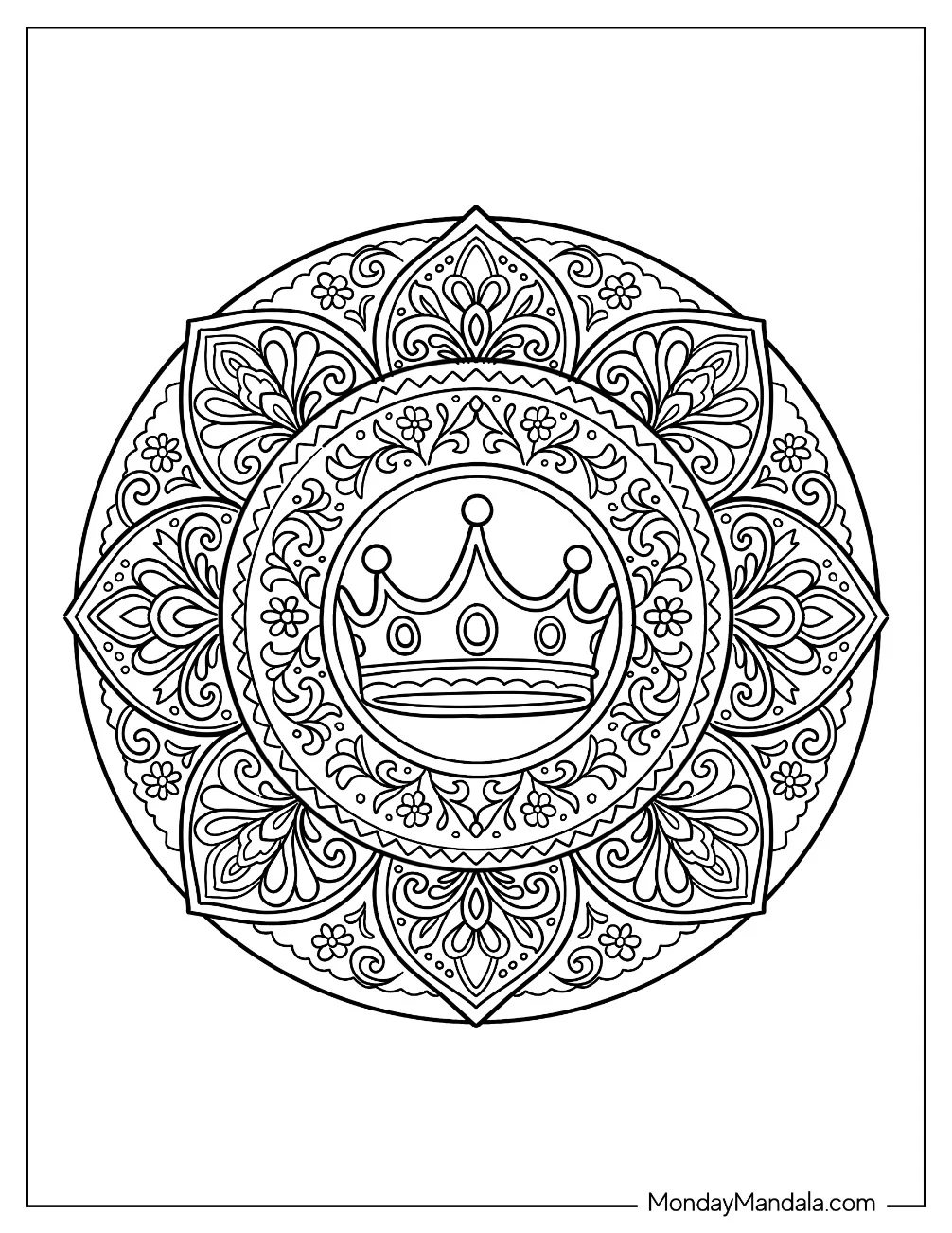Knight Coloring Page of Royal Crown Inside Elegant Floral Mandala Design coloring page — printable line art