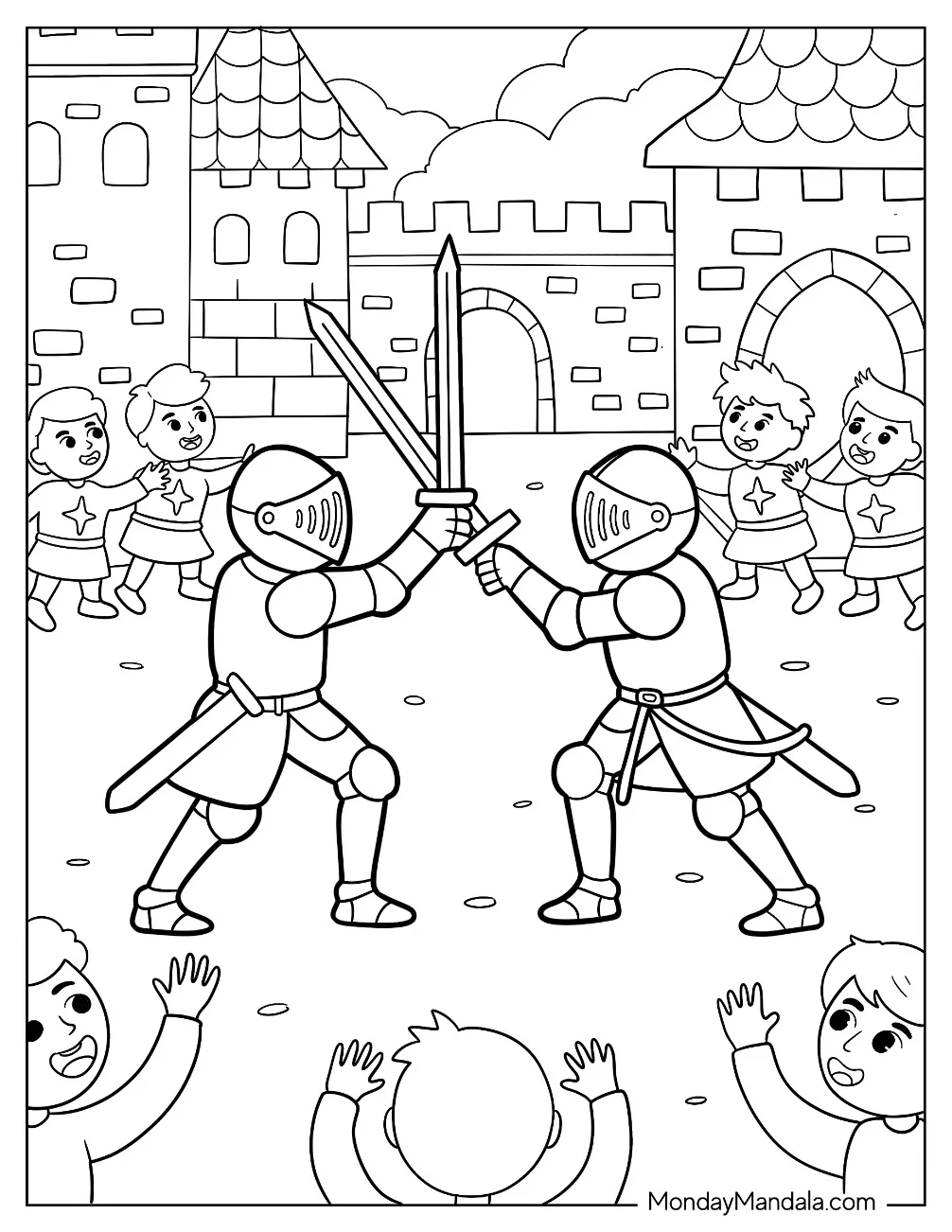 Knight Coloring Page of Two Knights Sword Fighting In Castle Courtyard With Cheering Crowd coloring page