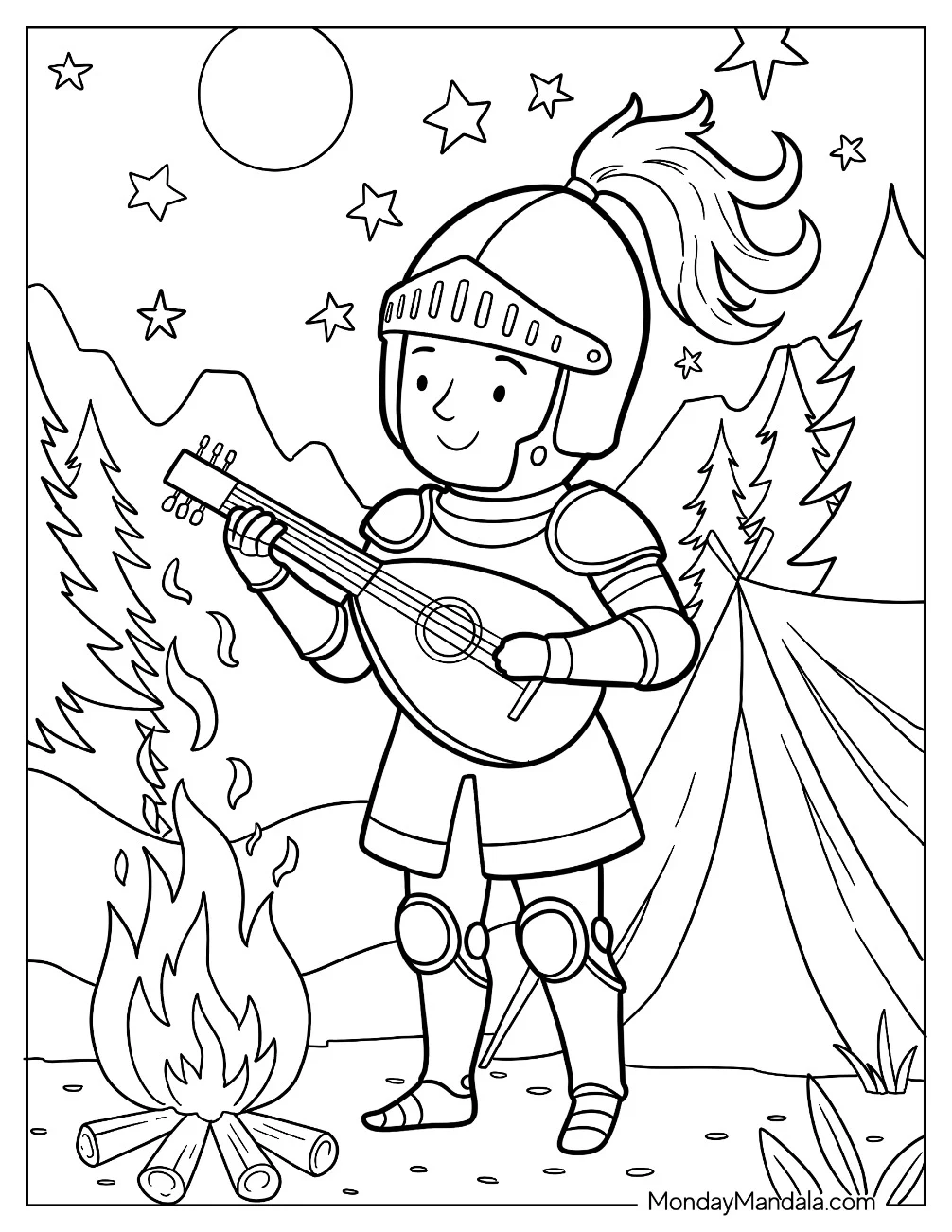 Knight Coloring Page Playing Guitar By Campfire Under Starry Sky For Kids coloring page — printable line art