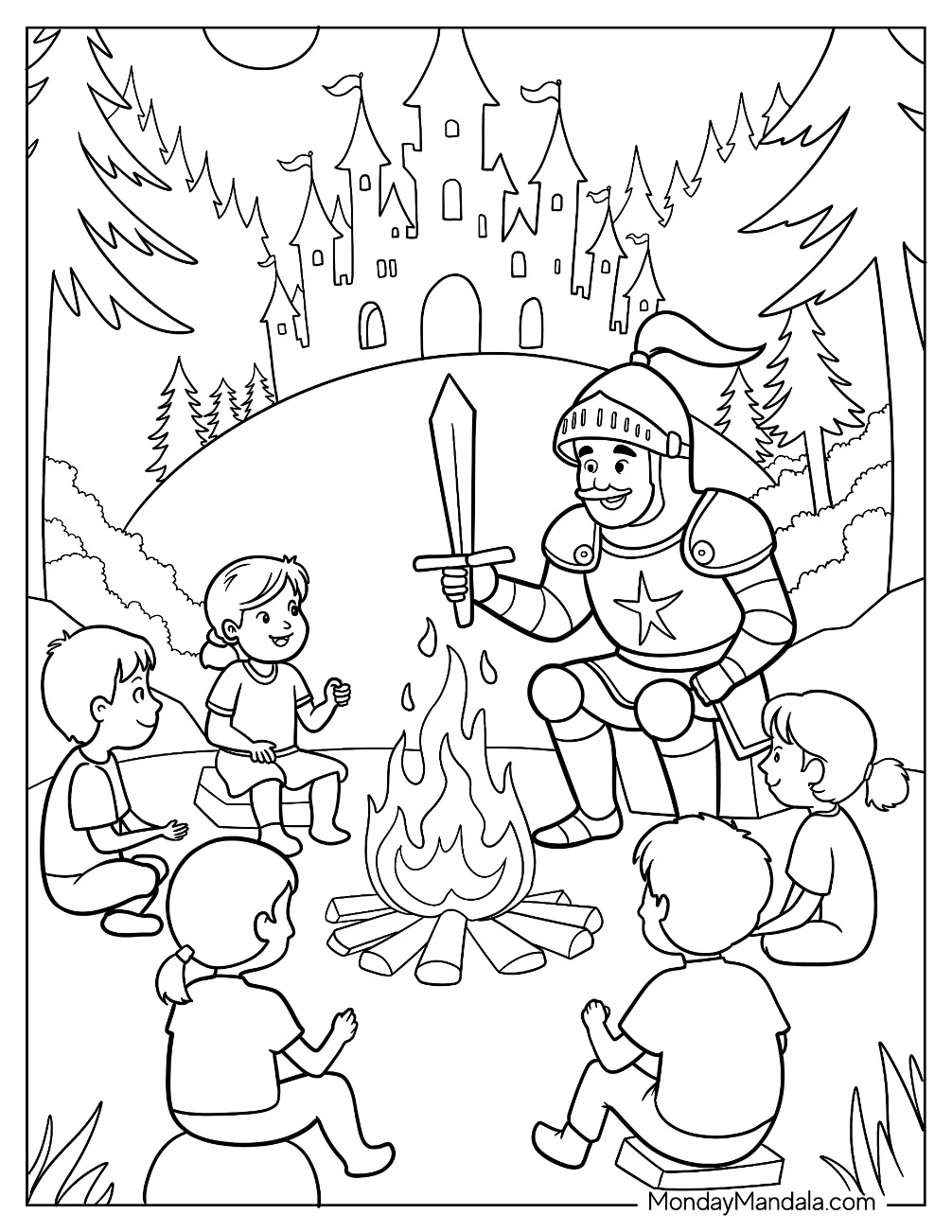 Knight Coloring Page Telling Stories By Campfire To Kids coloring page — printable line art