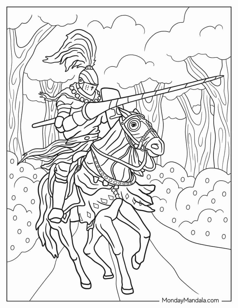Knight On Horse Carrying A Lance Coloring Sheet coloring page