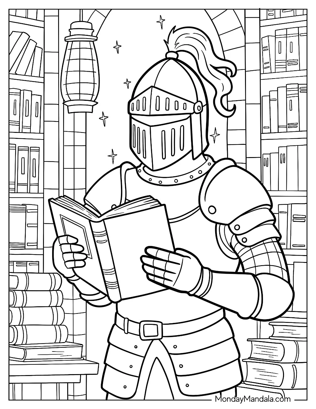 Mystical Knight Coloring Page Surrounded By Books In Stone Library coloring page