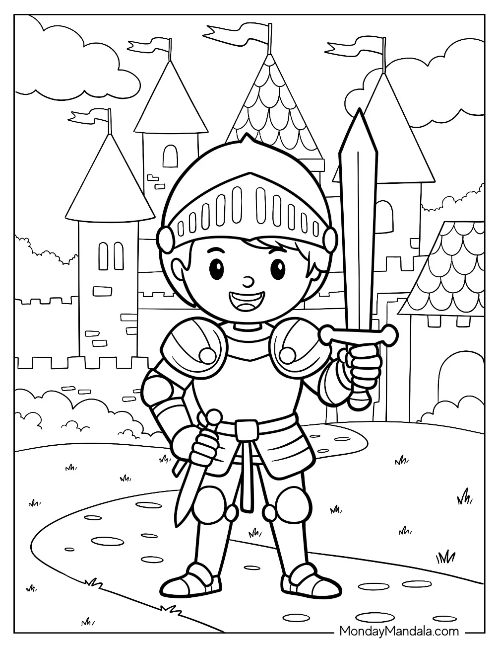 Smiling Boy Knight Coloring Page In Armor With Fantasy Castle Background For Kids coloring page