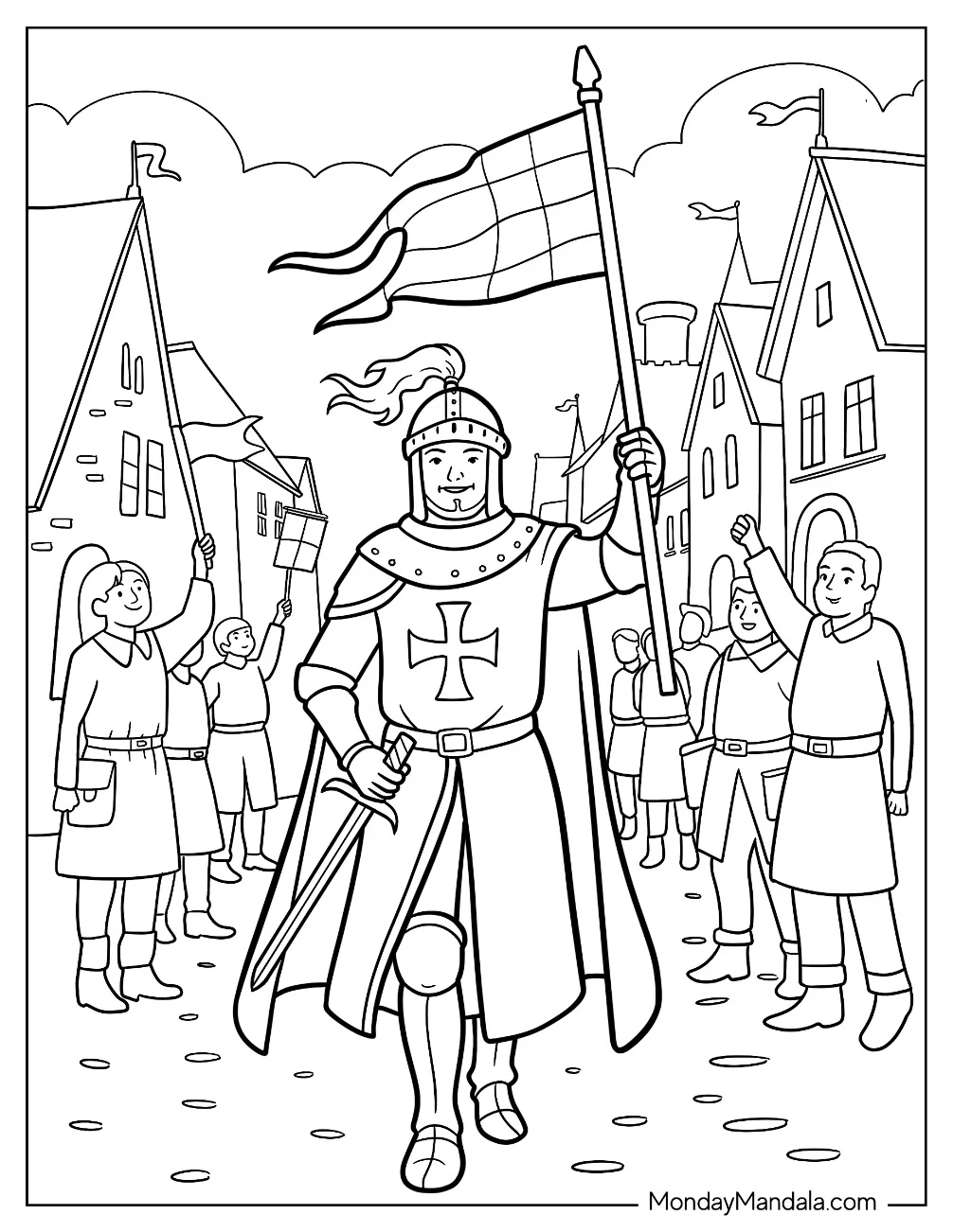 Triumphant Knight Coloring Page Carrying Flag Through Cheering Village coloring page — printable line art
