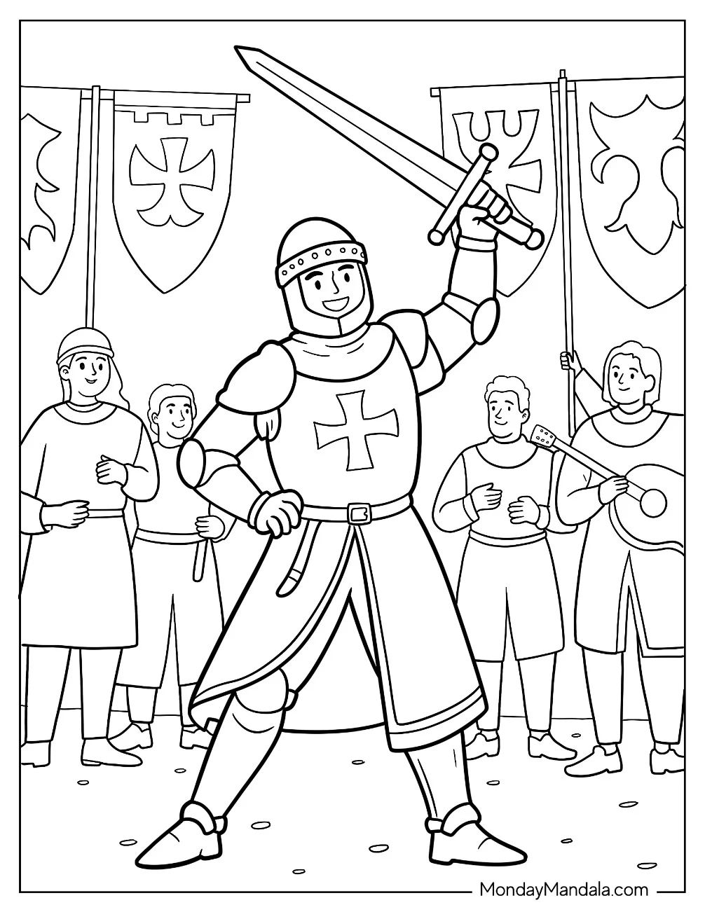 Victorious Knight Coloring Page Holding Sword As Crowd Celebrates coloring page