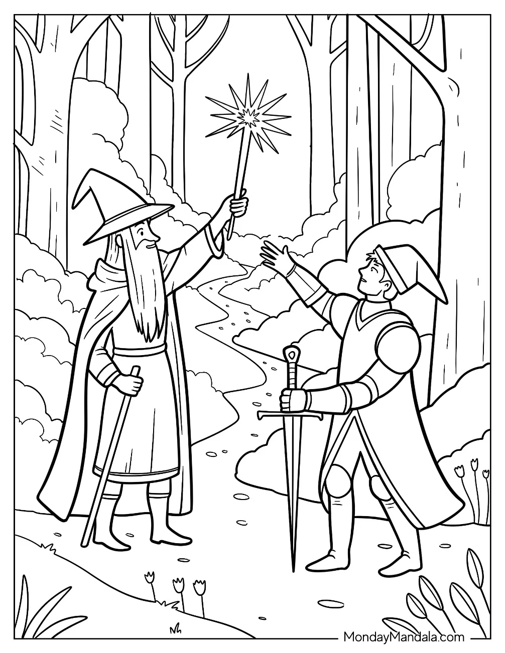 Wizard Blessing Young Knight Coloring Page With Magic In Enchanted Forest coloring page — printable line art