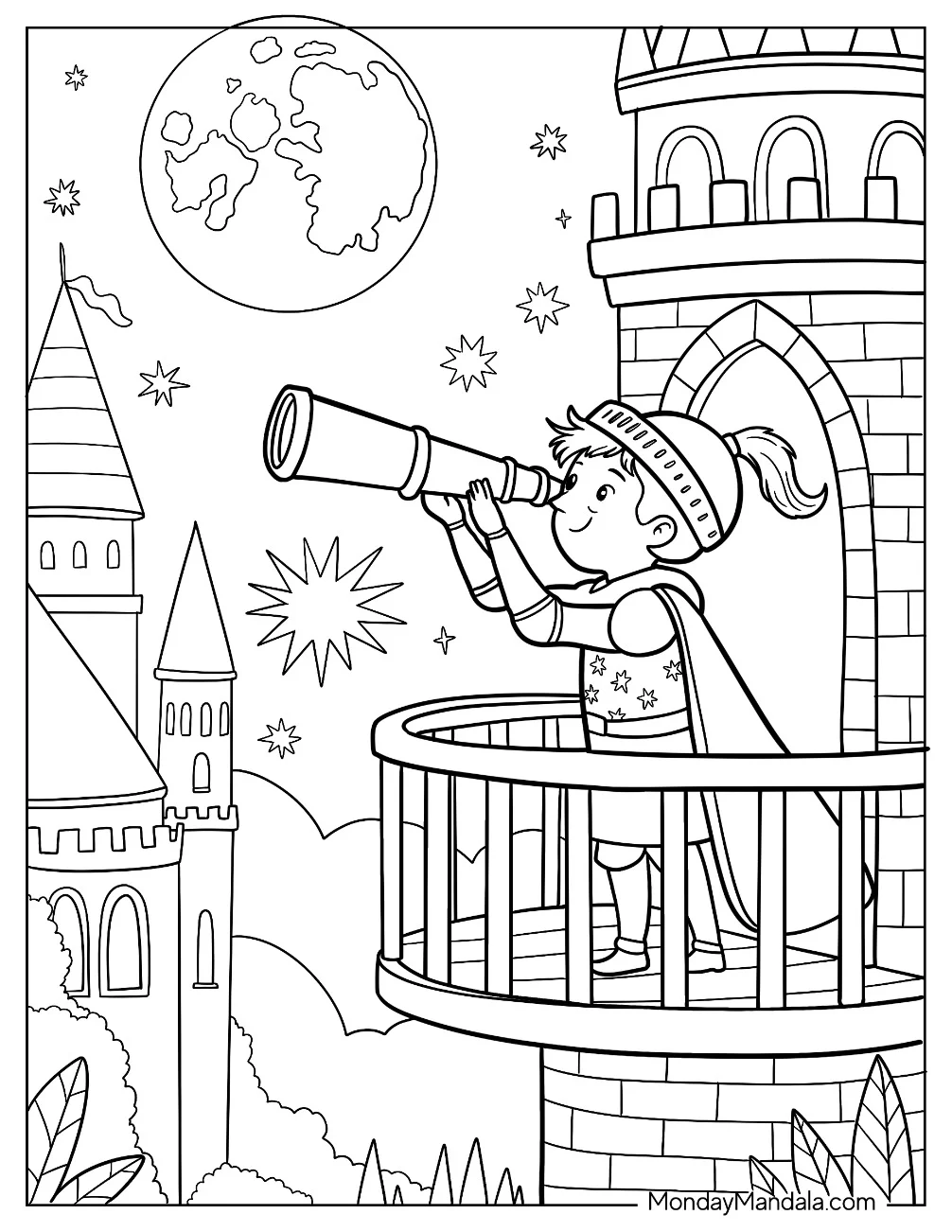 Young Knight Coloring Page Looking Through Telescope From Castle Tower For Kids coloring page — printable line art