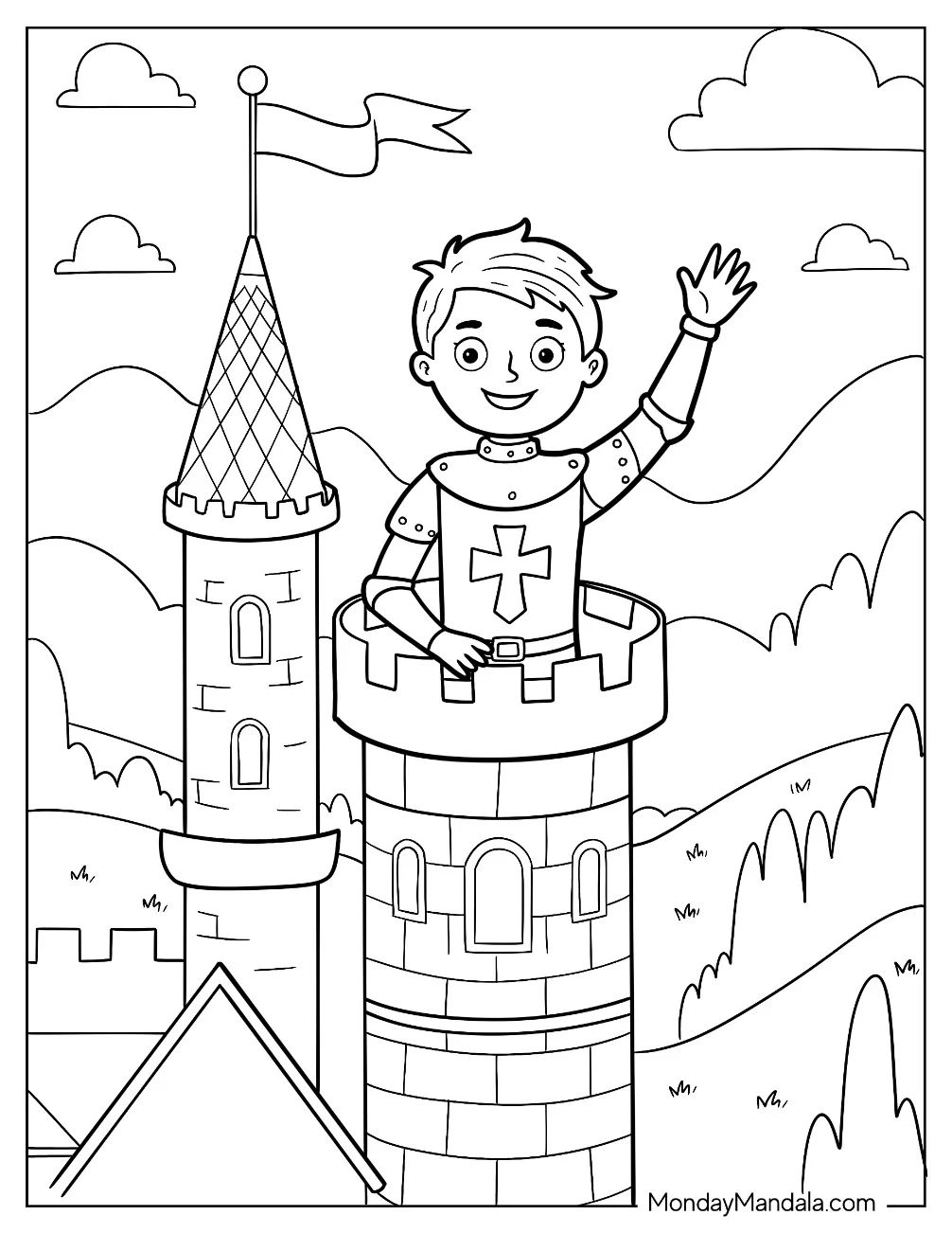 Young Knight Coloring Page Waving From Castle Tower With Hills Behind coloring page — printable line art