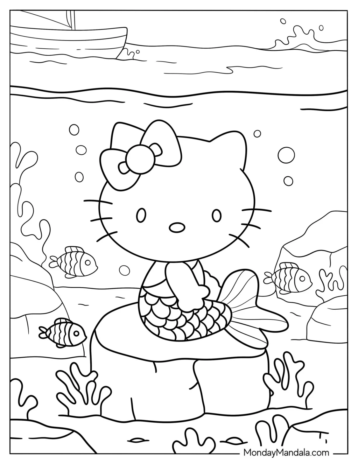 Adorable Hello Kitty Mermaid Coloring Page Resting on a Rock for Kids coloring page