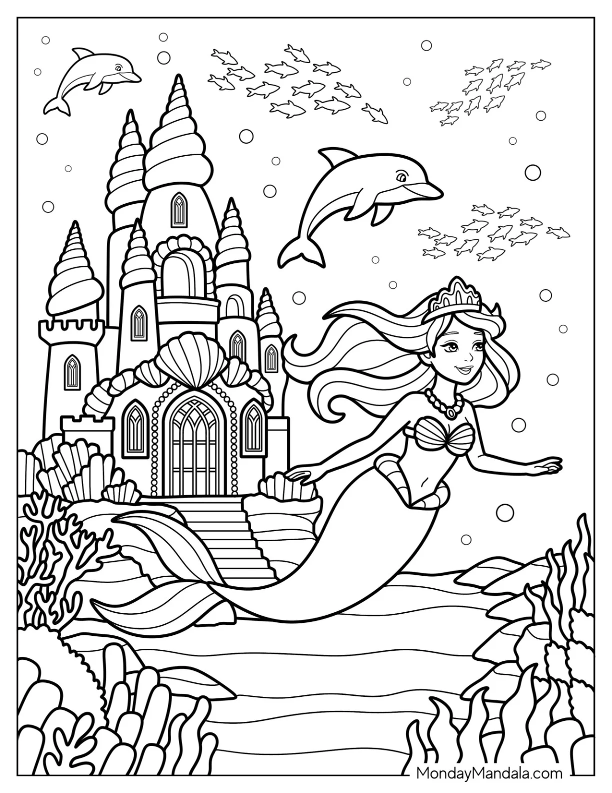 Adventurous Princess Mermaid Coloring Page Swimming Outside Castle with Dolphin coloring page