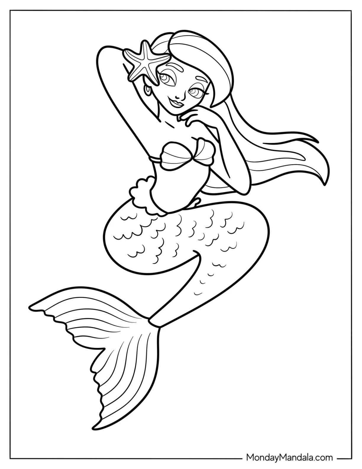 Attractive Mermaid Coloring Page with Starfish Brooch coloring page — printable line art