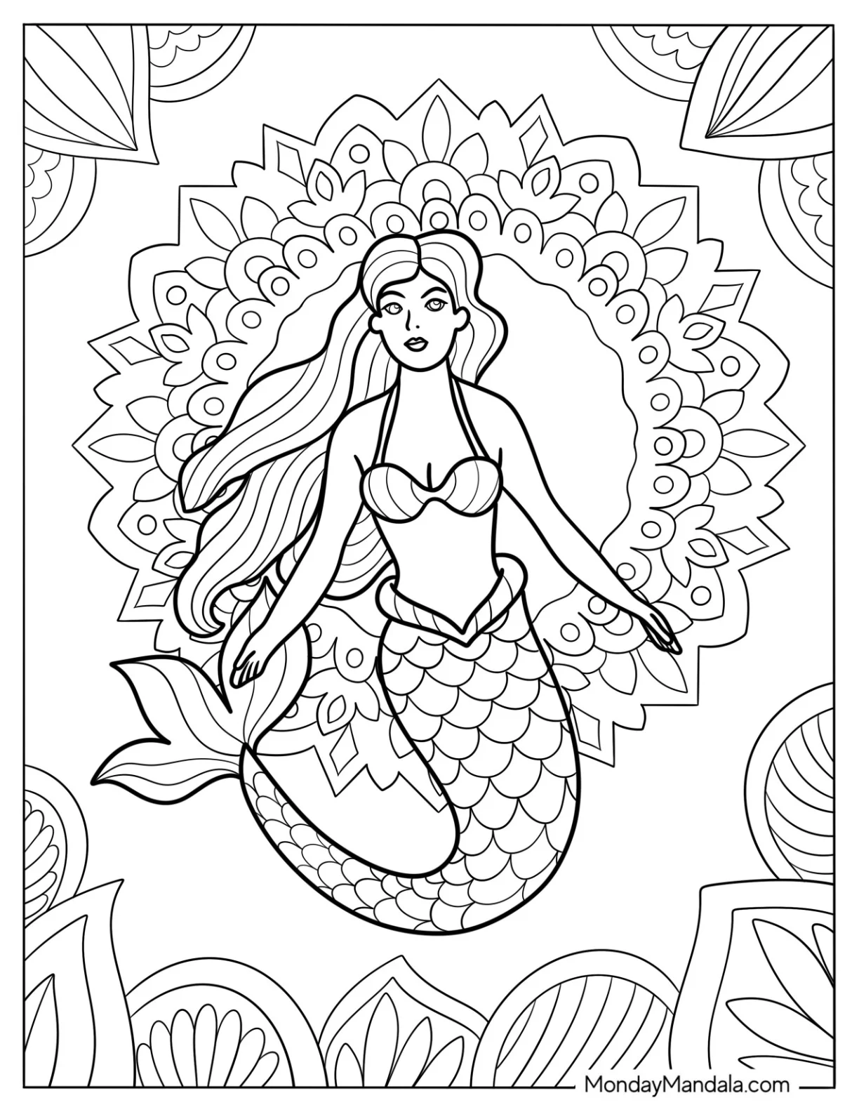 Beautiful Mermaid Coloring Page at the Center of Floral Mandala coloring page