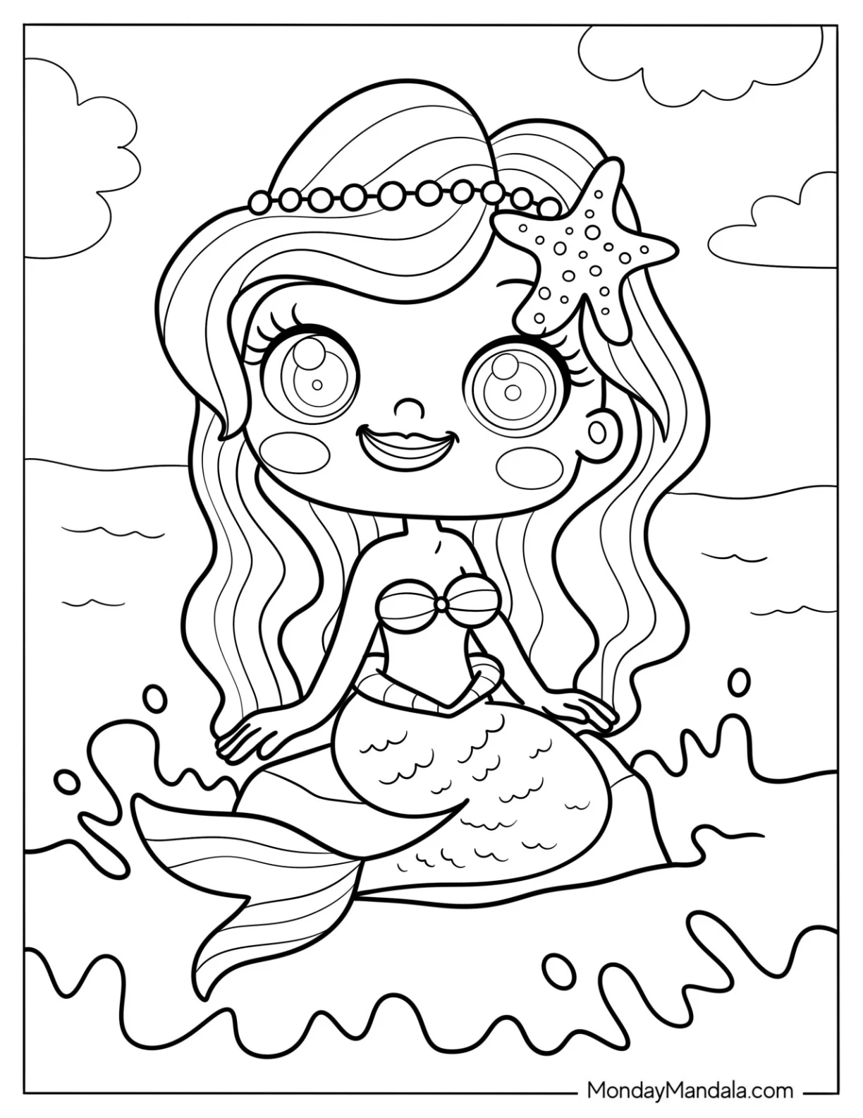 Charming Mermaid Coloring Page with Pearls and Starfish Ornaments Sitting on Rock for Kids coloring page