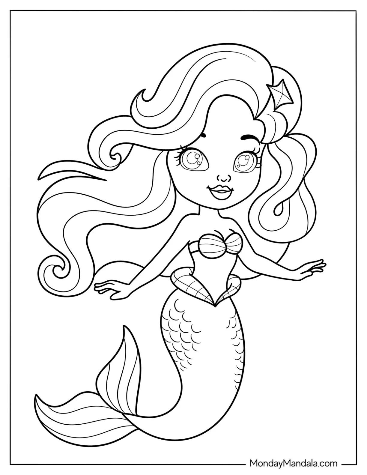 Chibi Mermaid Coloring Page with Big Eyes and Flowing Hair for Preschoolers coloring page — printable line art