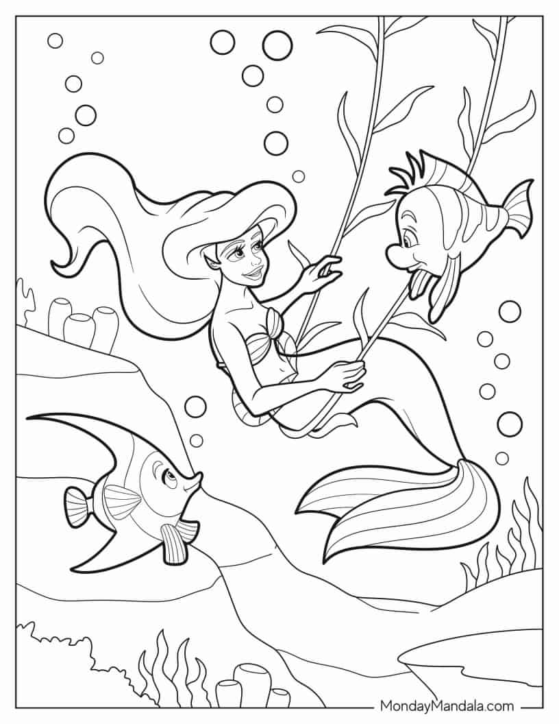 Coloring Sheet Of Ariel And Flounders Under The Sea coloring page