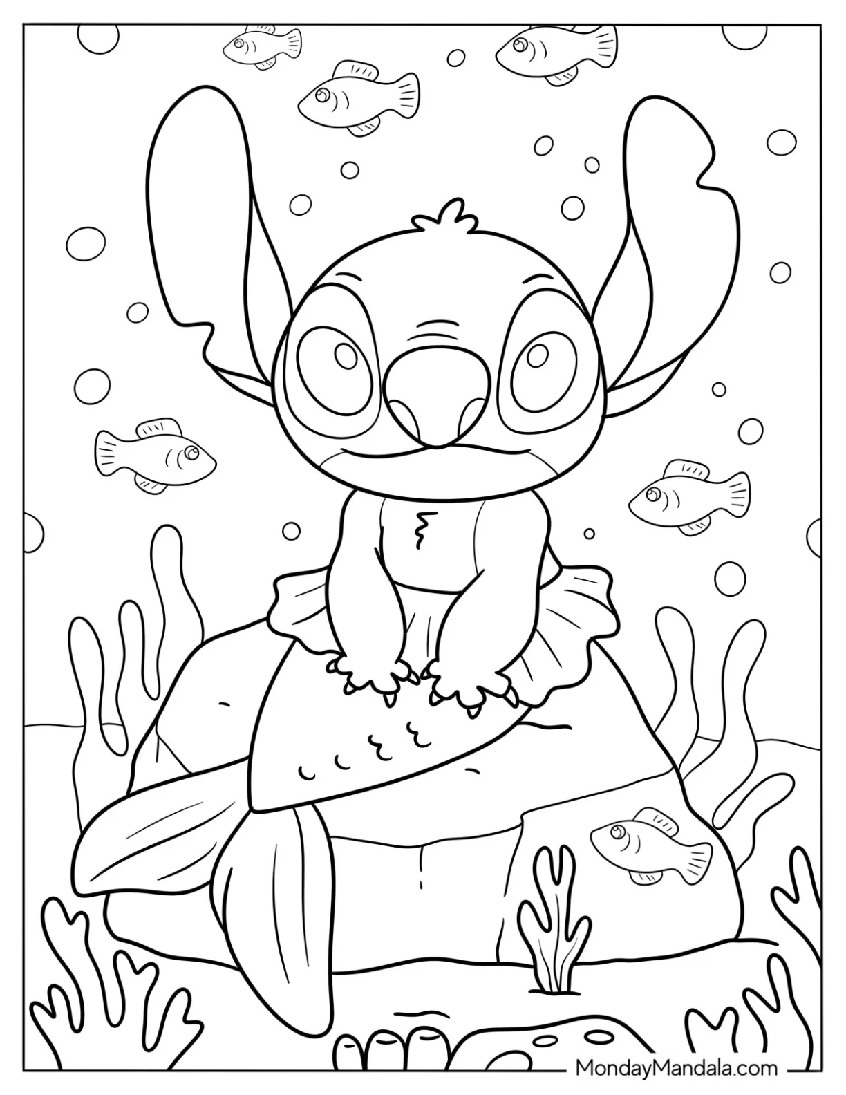 Cute Mermaid Coloring Page Stitch with Corals and Fish coloring page