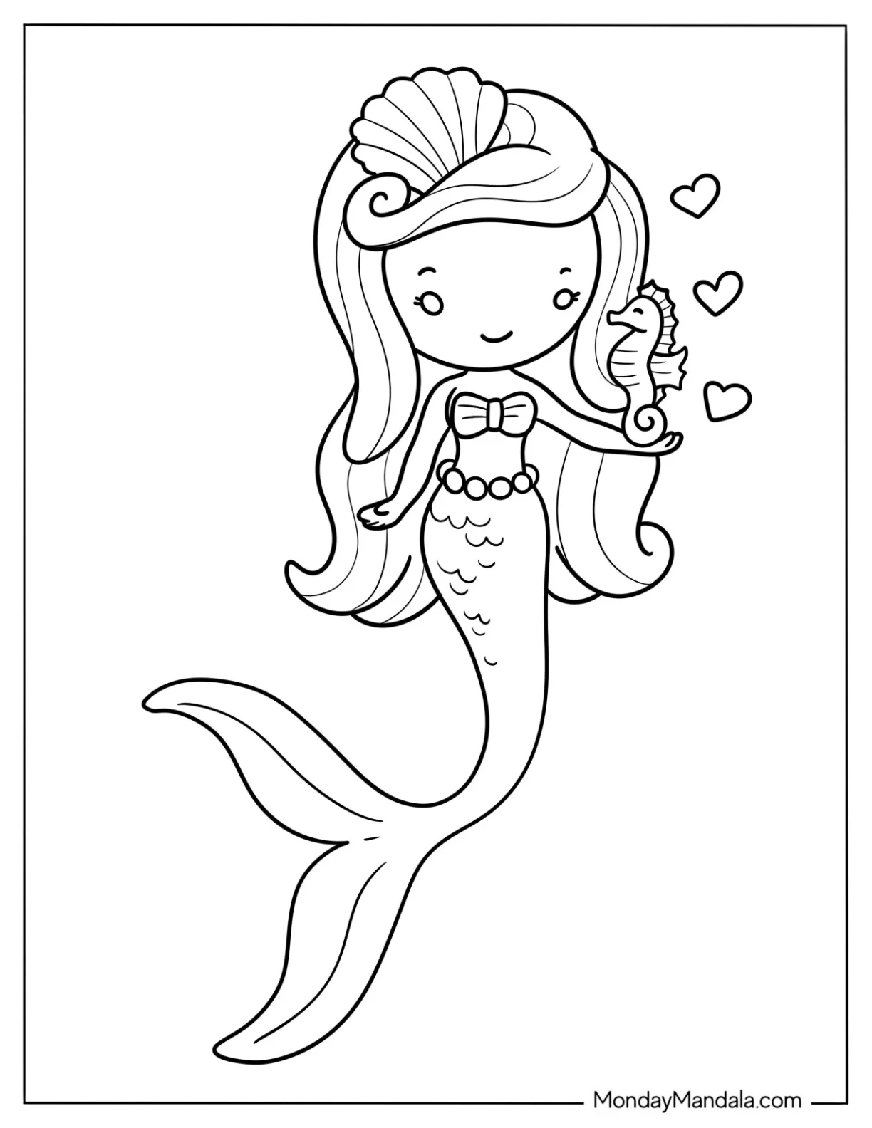 Easy Mermaid Coloring Page with Pet Seahorse and Love Hearts for Preschoolers coloring page