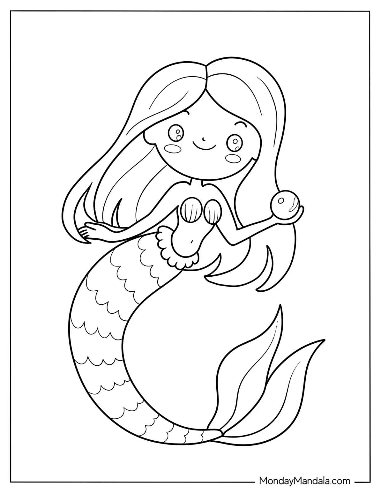 Easy Smiling Mermaid Coloring Page Holding a Pearl for Preschoolers coloring page