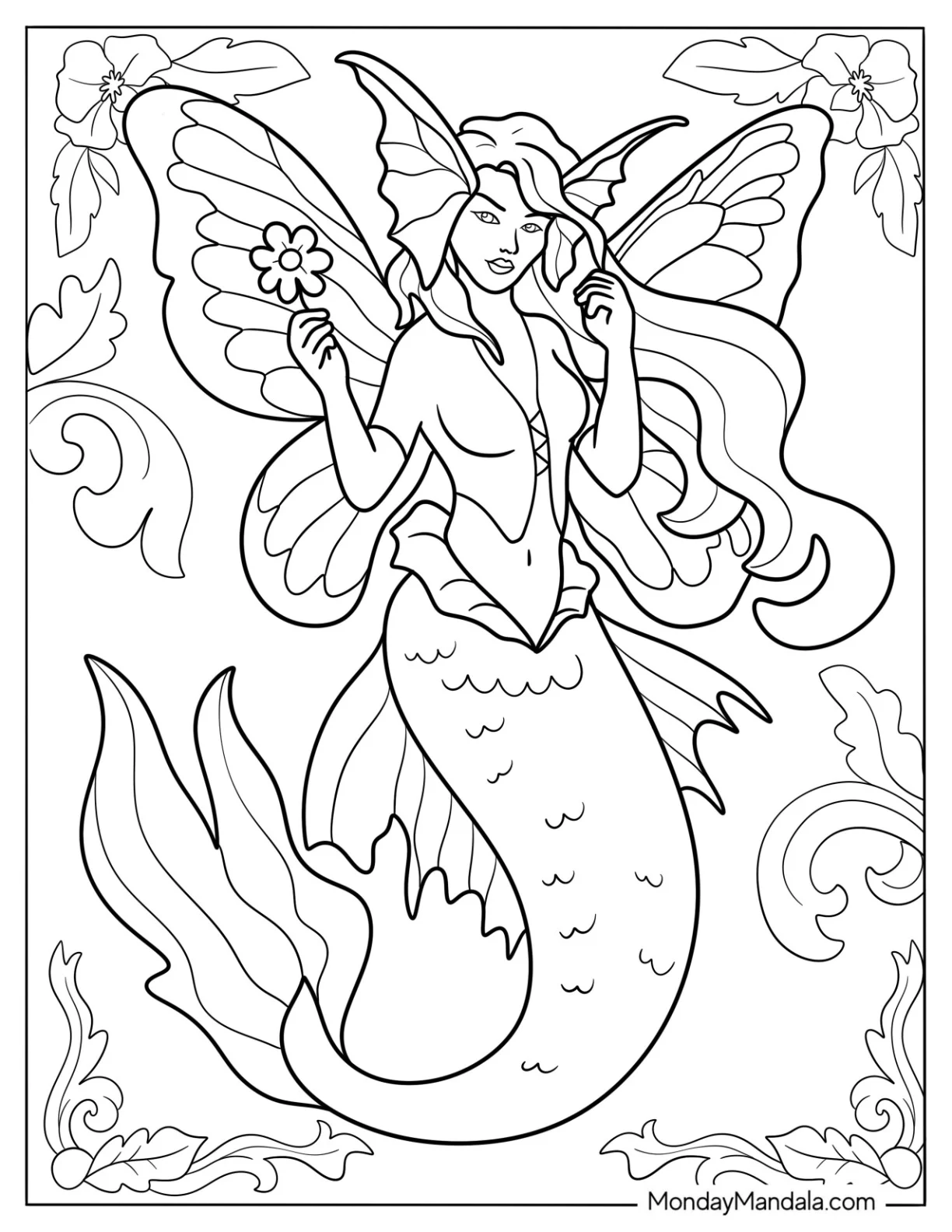 Fairy Mermaid Coloring Page with Butterfly Wings Holding a Flower coloring page