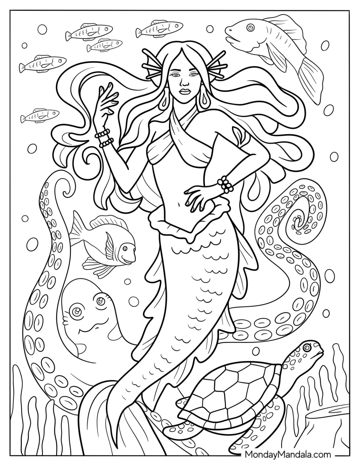 Fantasy Mermaid Coloring Page with Octopus and Giant Fish coloring page