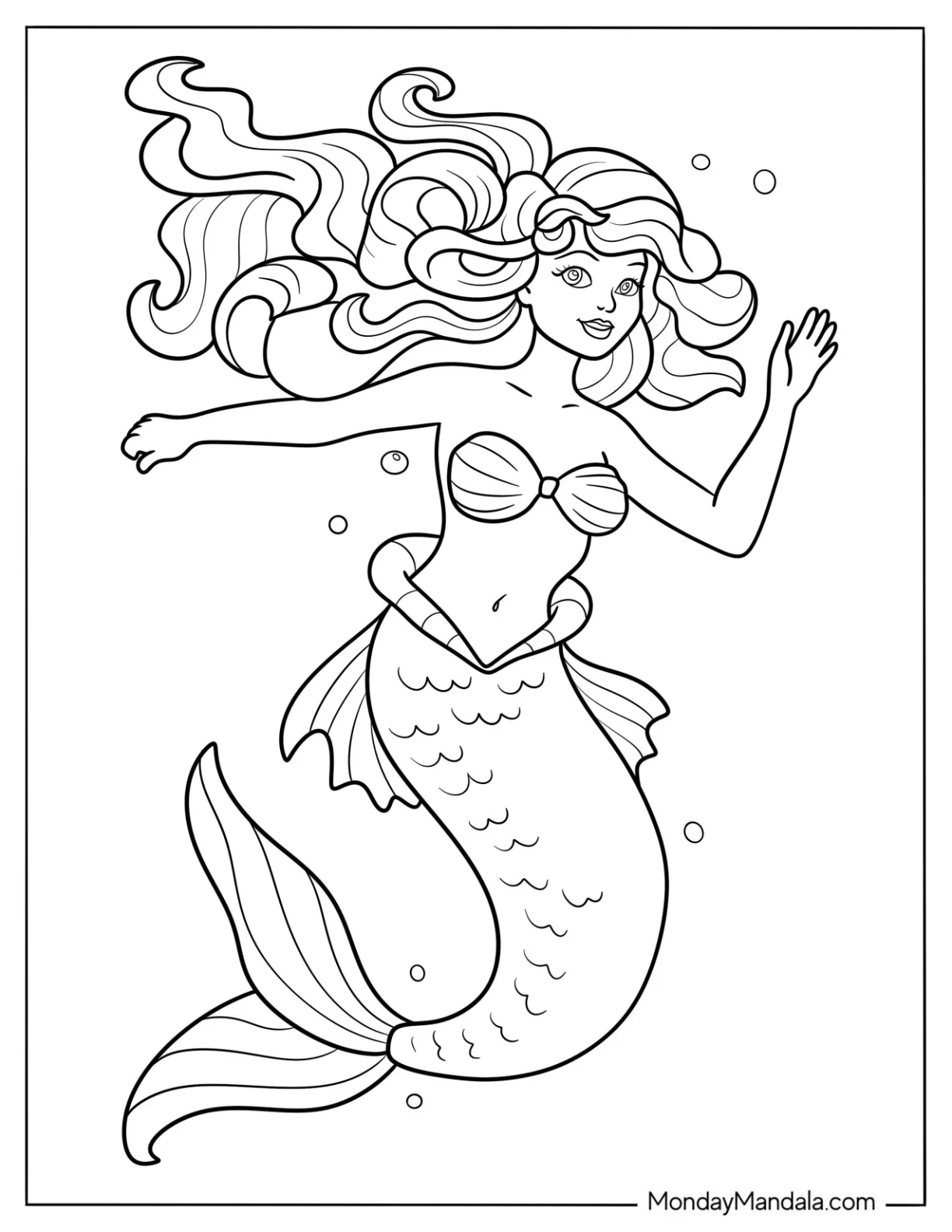 Friendly Mermaid Coloring Page with Curly Hair Waving Her Hand coloring page