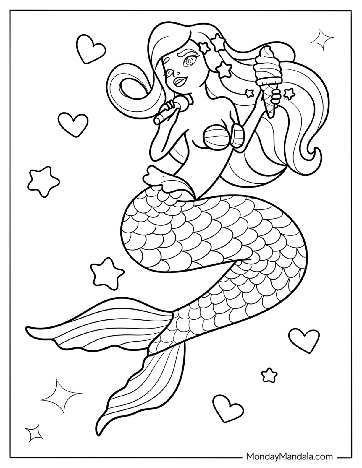 Fun Mermaid Coloring Page Singing on Microphone and Holding Ice Cream Cone coloring page