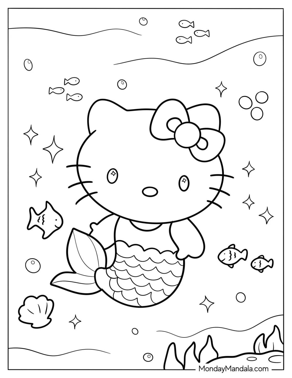 Hello Kitty Mermaid Coloring Page Underwater with Fish, Bubbles, and Sparkles coloring page