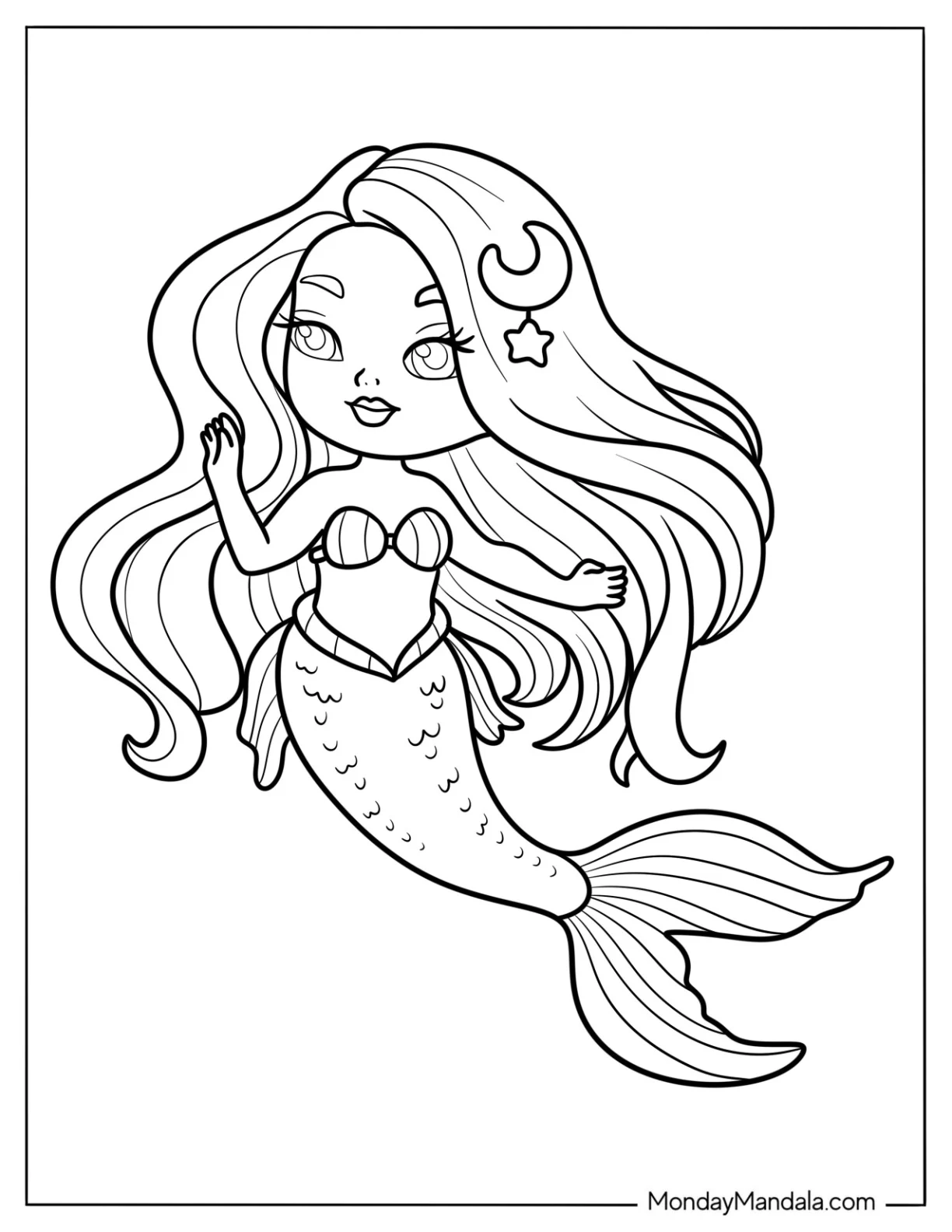 Kawaii Mermaid Coloring Page with Star and Moon Brooch for Kids coloring page