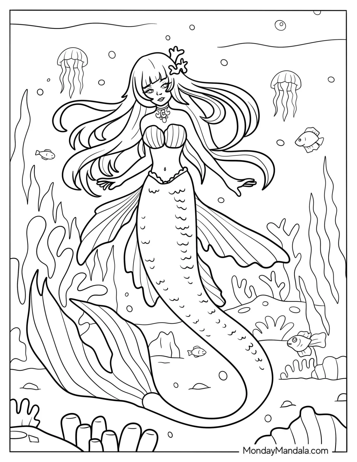 Majestic Mermaid Coloring Page with Long Fins Surrounded by Jellyfish coloring page